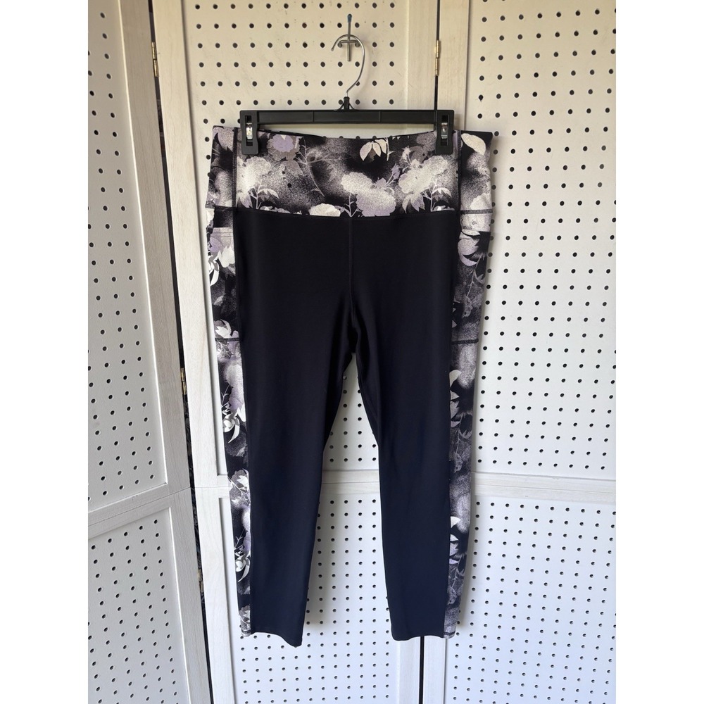 Skechers Cropped Capri Workout Pants size XL - Black Purple Floral Side Pockets